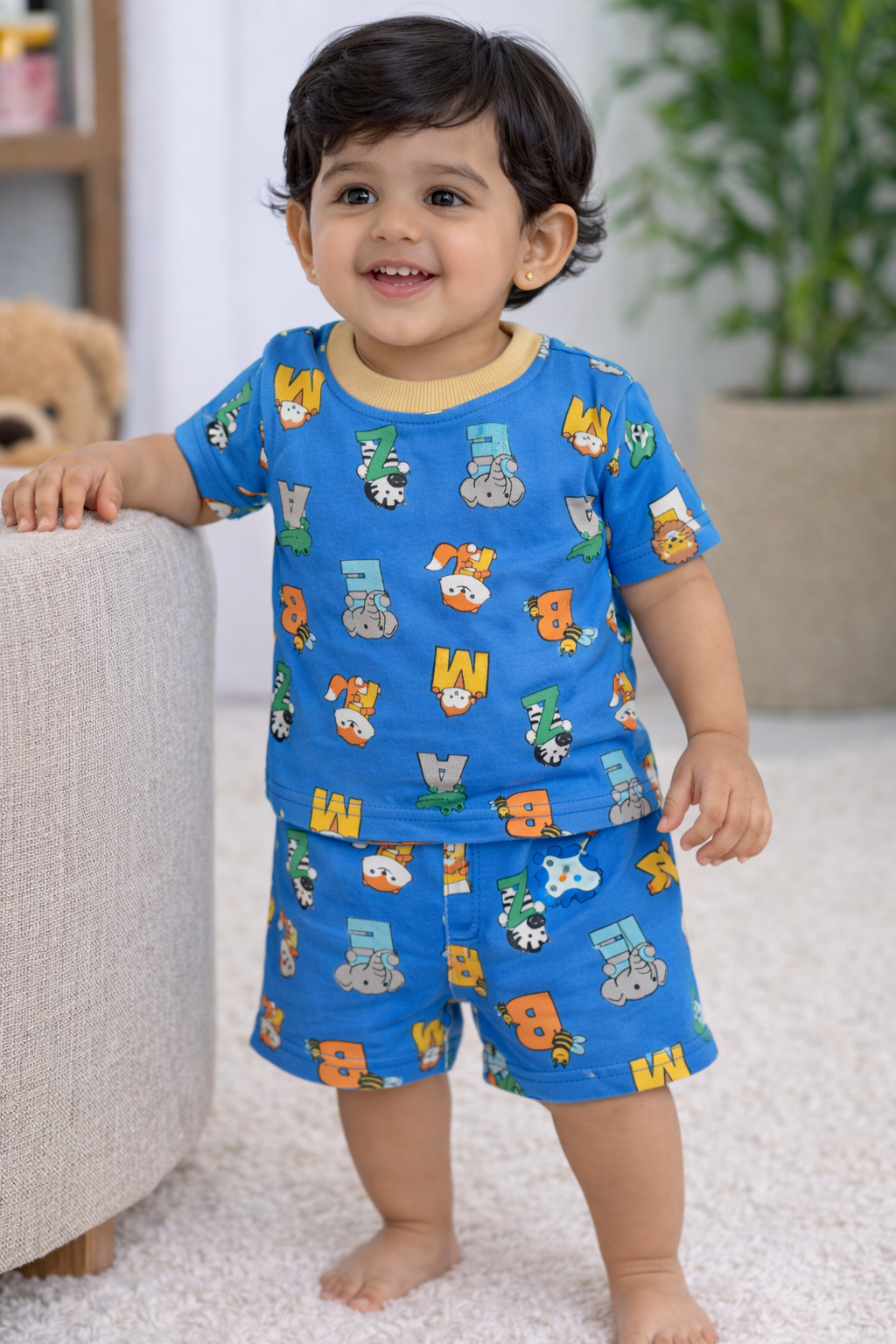 Cotton Shorts Sleeves Tshirt with Shorts Sets (Blue Animals Alphabet)