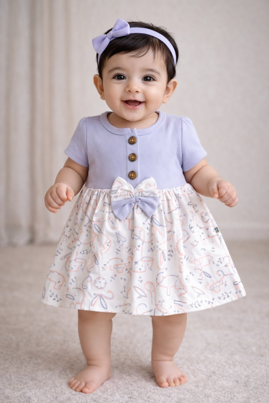 Cotton Front Button Bow Frocks(Lavender Clock and Animals)