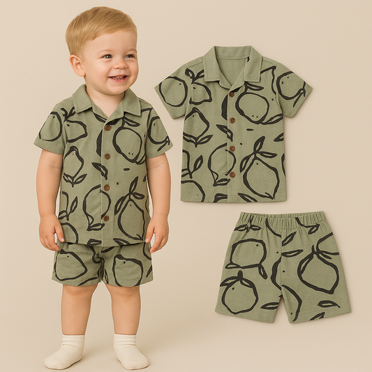 Shorts Sleeves Collared Tshirt with Shorts Sets (Green Fruits)