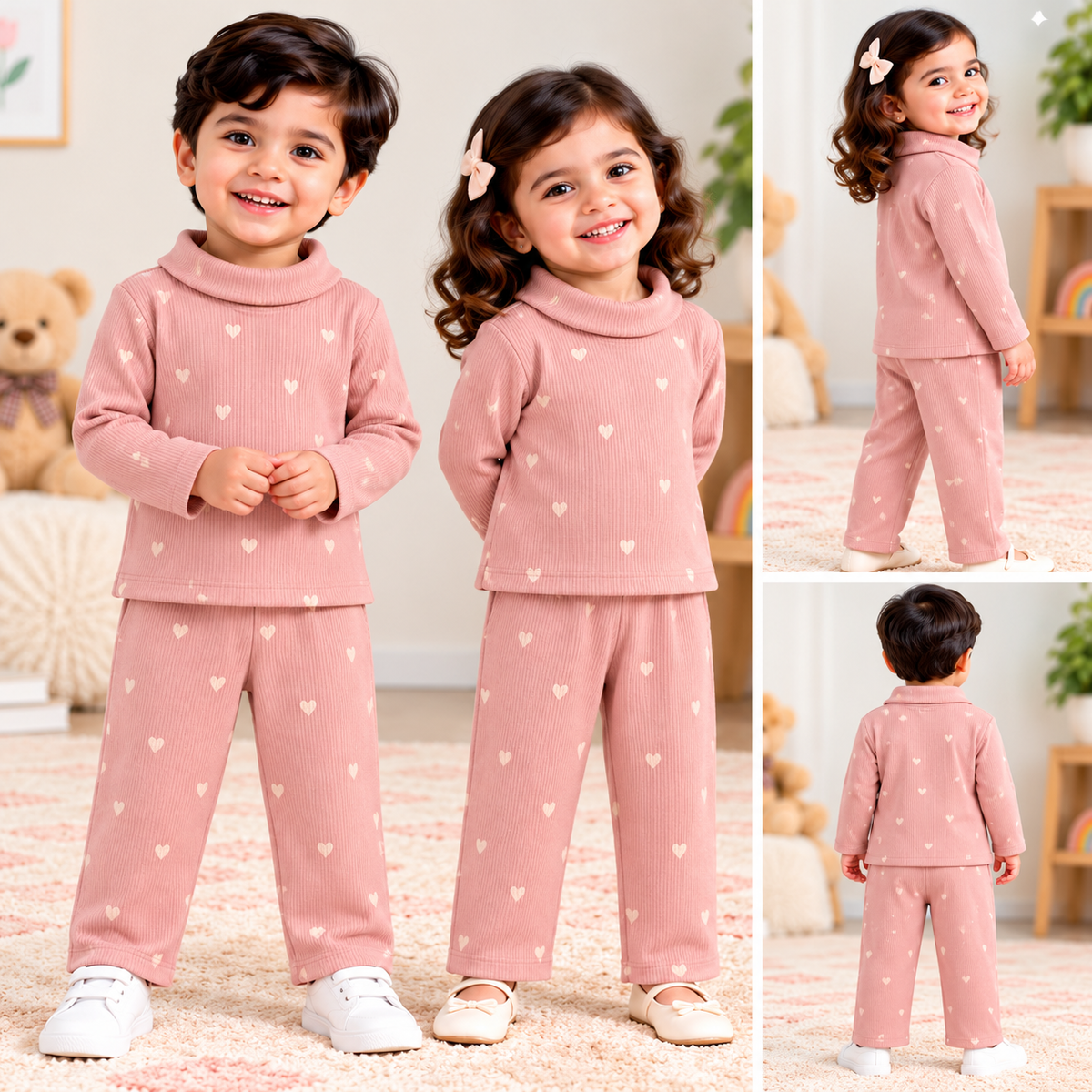 High Neck Ribbed  Full sleeves Tshirt with Pant (Peach Small hearts)