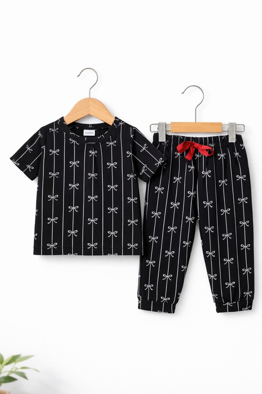 Premium Cotton Half sleeves Tshirt with Pant ( Black Bow)