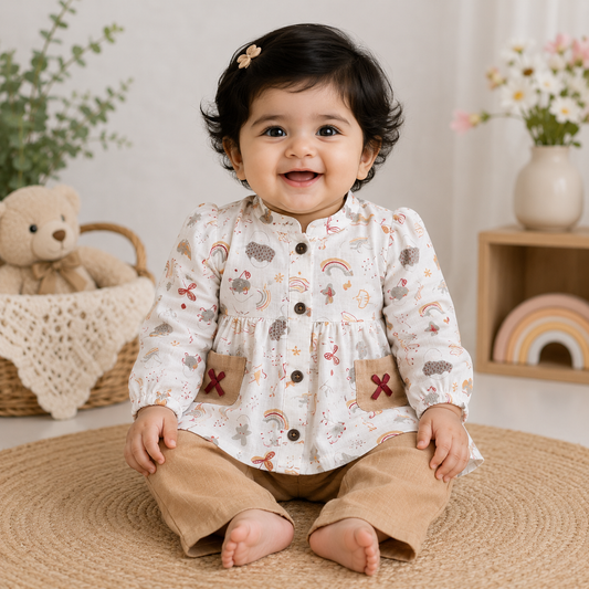 Airport - Kids Muslin  Balloon Sleeves Frock With Pant (Cream Rainbow & Sand)