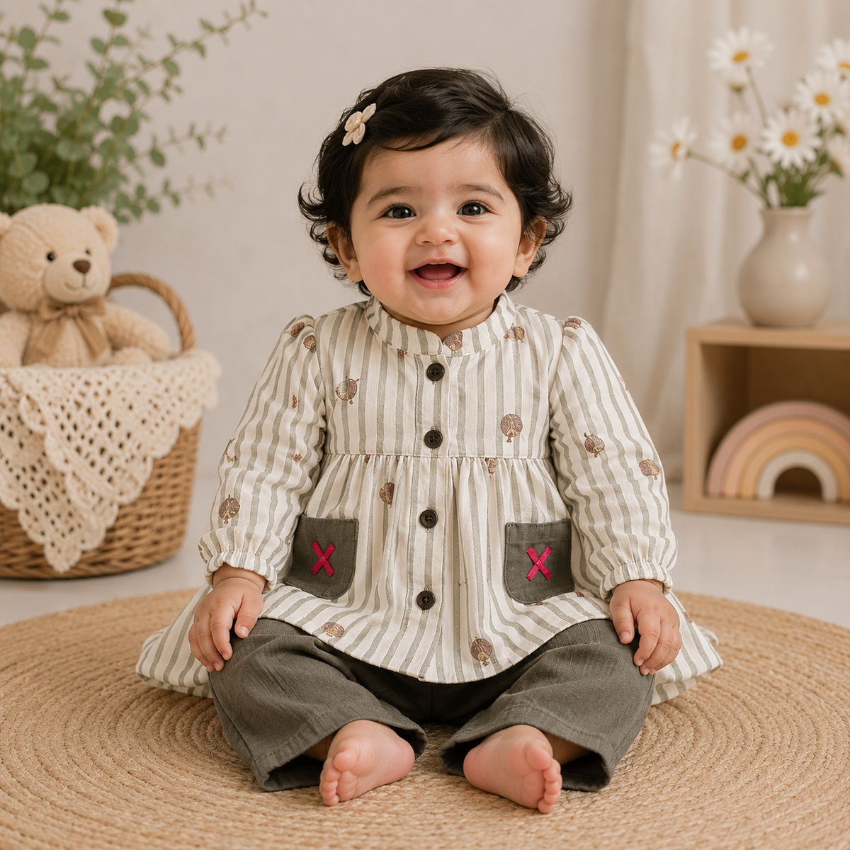 Airport - Kids Muslin  Balloon Sleeves Frock With Pant (Cream Pista Stripe & Butterfly)