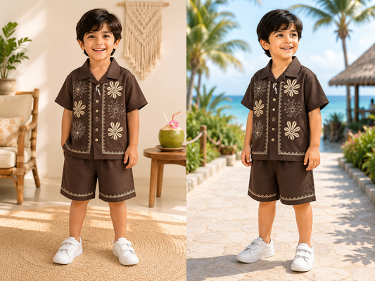 (LB010) - Linen Blend Printed Co- Ord Set  (Coffee Party - Floral )