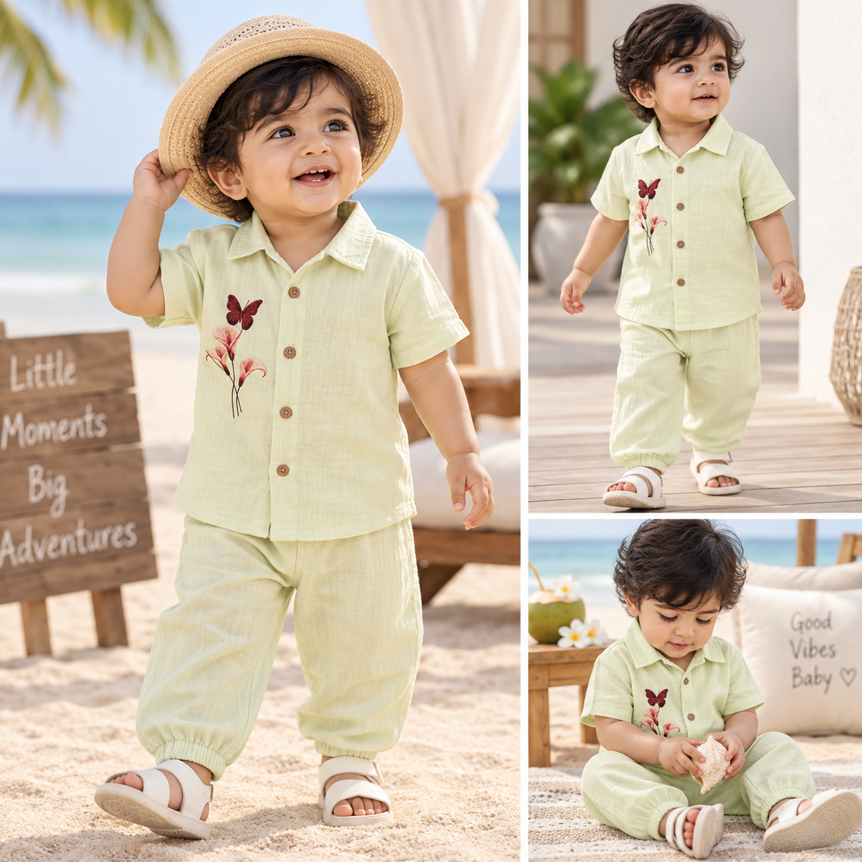 Airport - Kids Muslin Print Collar Shirt & Pant (Lime Green Butterfly)