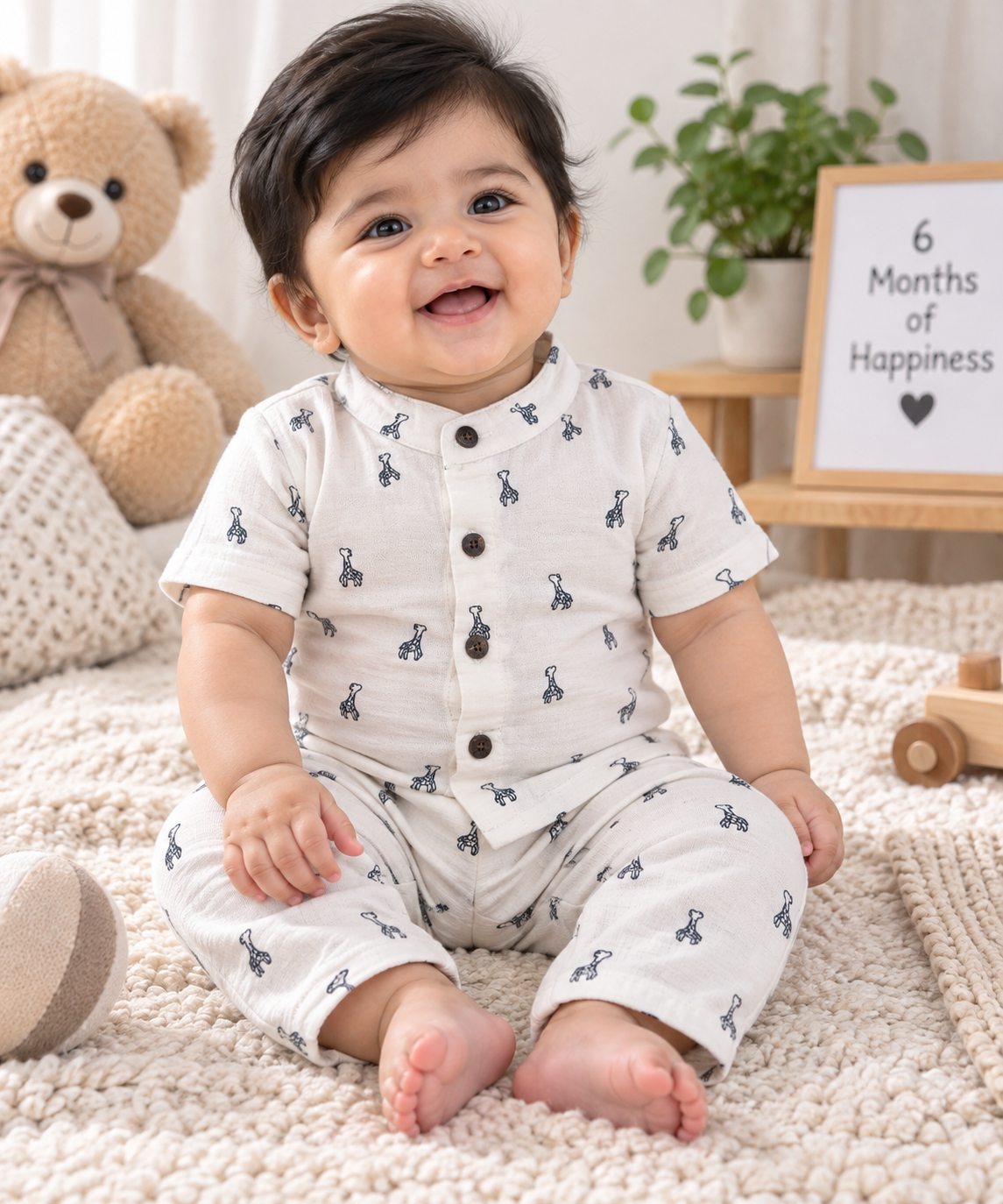 Airport - Kids Muslin Printed Co-ord Set – Chinese Collar Shirt & Pant (Cream Small Dino)