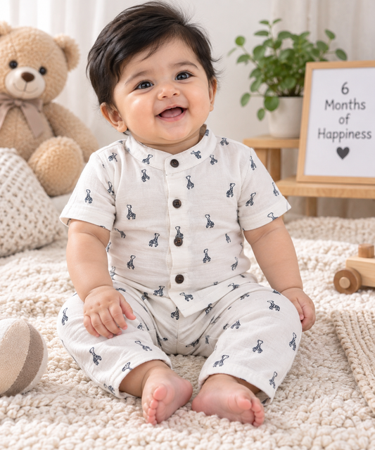 Airport - Kids Muslin Printed Co-ord Set – Chinese Collar Shirt & Pant (Cream Small Dino)