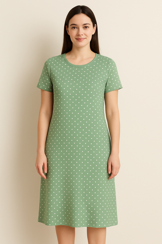 Women's Long POLO A-Line Top (Green Dotted)