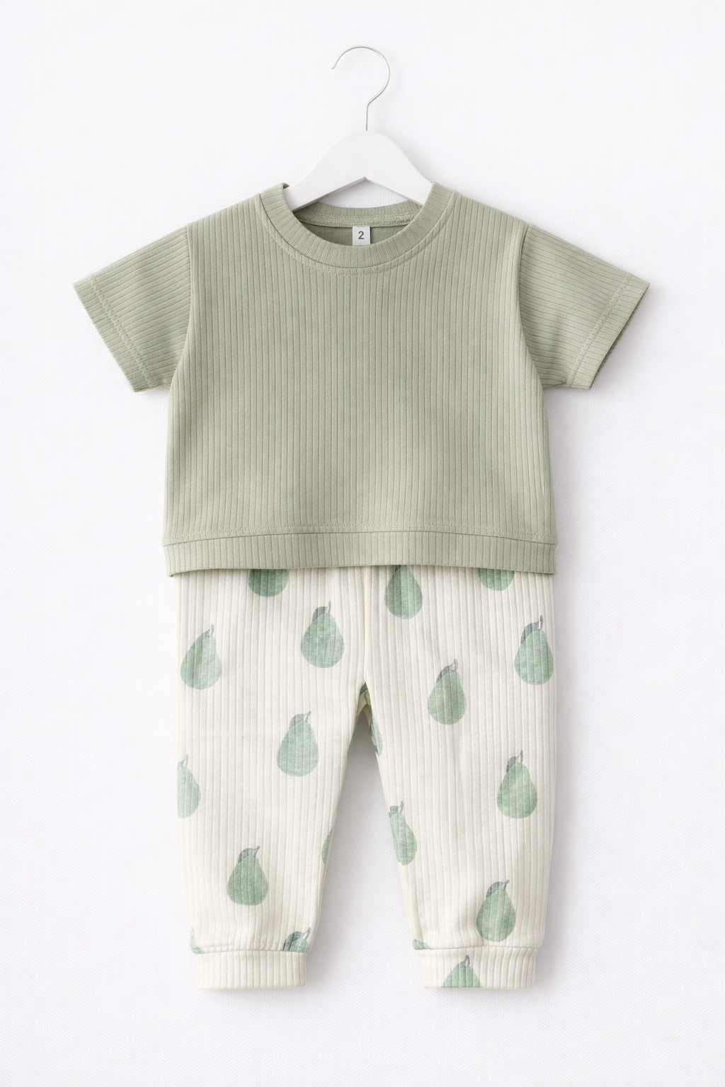 Premium Ribbed Half sleeves Tshirt with Contrast Pant( Green and Cream Avocada Fruit)