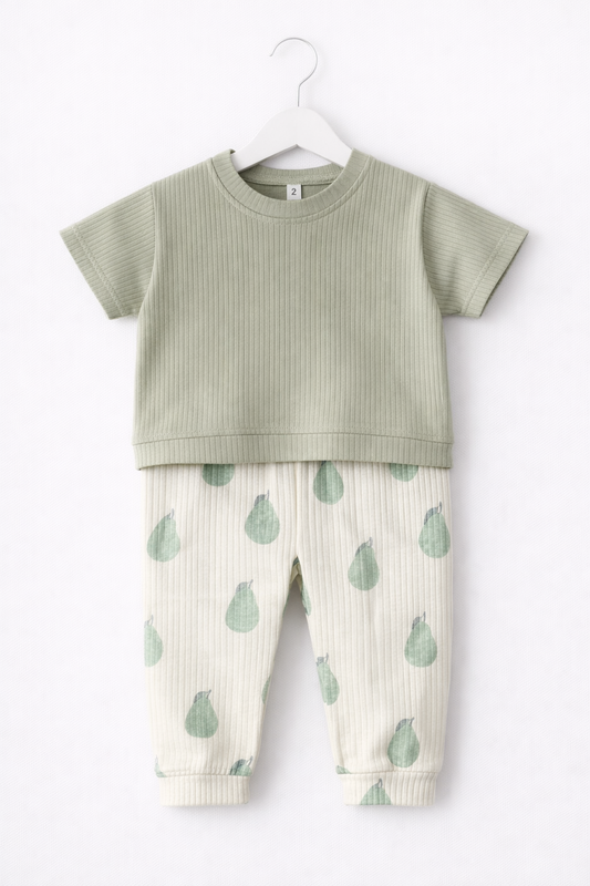 Premium Ribbed Half sleeves Tshirt with Contrast Pant( Green and Cream Avocada Fruit)