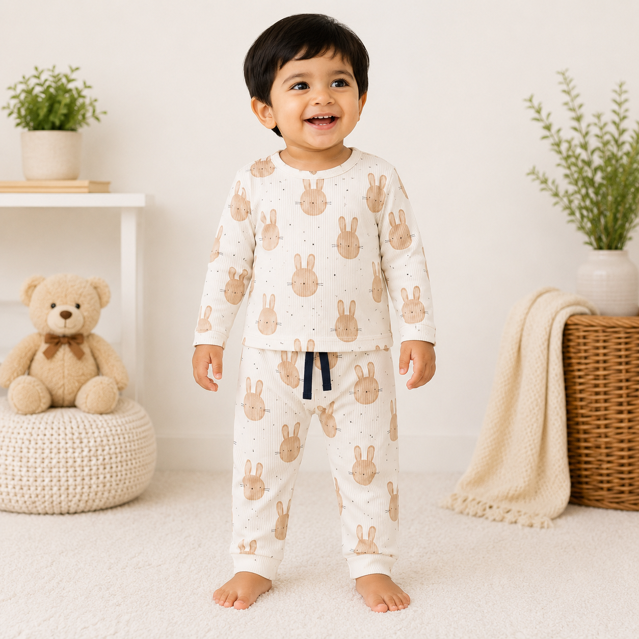 Premium  Ribbed Full  sleeves Tshirt with Pant ( Cream Cat Face)