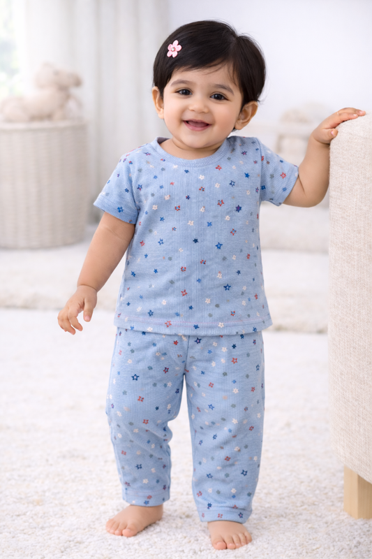 Half sleeves Ribbed Tshirt with Pant (Ice Grey Small Star)
