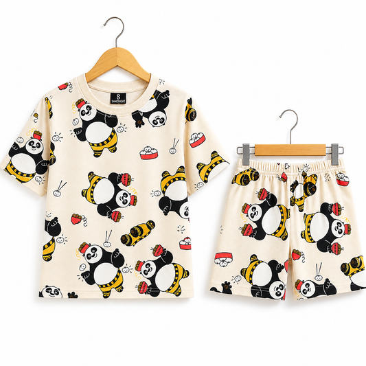 (DS015) - Drop-Shoulder Tshirt & Shorts sets (Cream Big Panda)