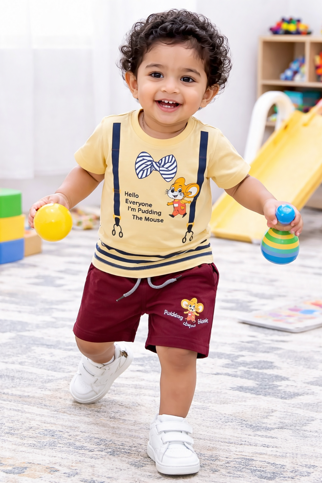 Airport - 🧸 Kids Cartoon Co-ord Set – Half Sleeves T-shirt + Shorts (Yellow Bow & Micky)