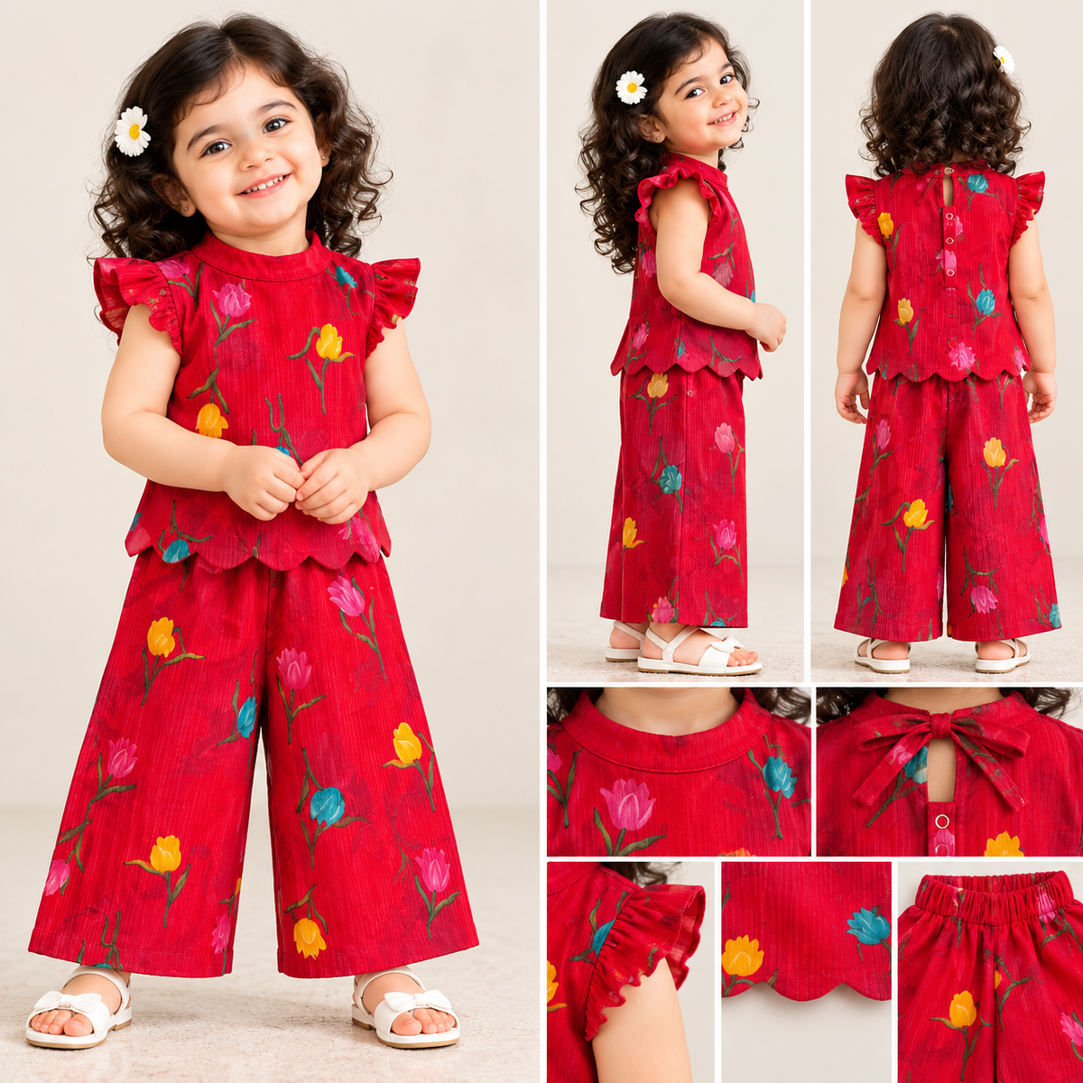 Girls Casual Cotton Printed High Collar & Scallop Top & Pant Co-ord Set (C067) (Red Tulip)