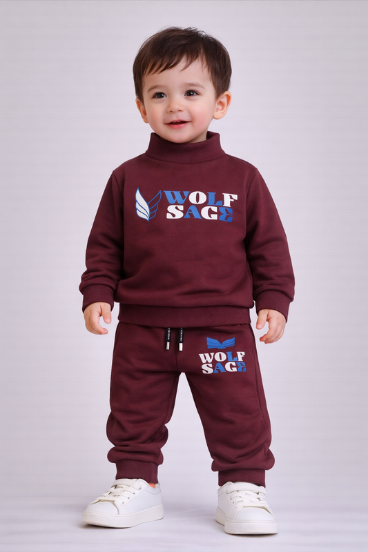 Premium Winter High Neck Pant Set For Kids( Maroon -Wolf Sage)
