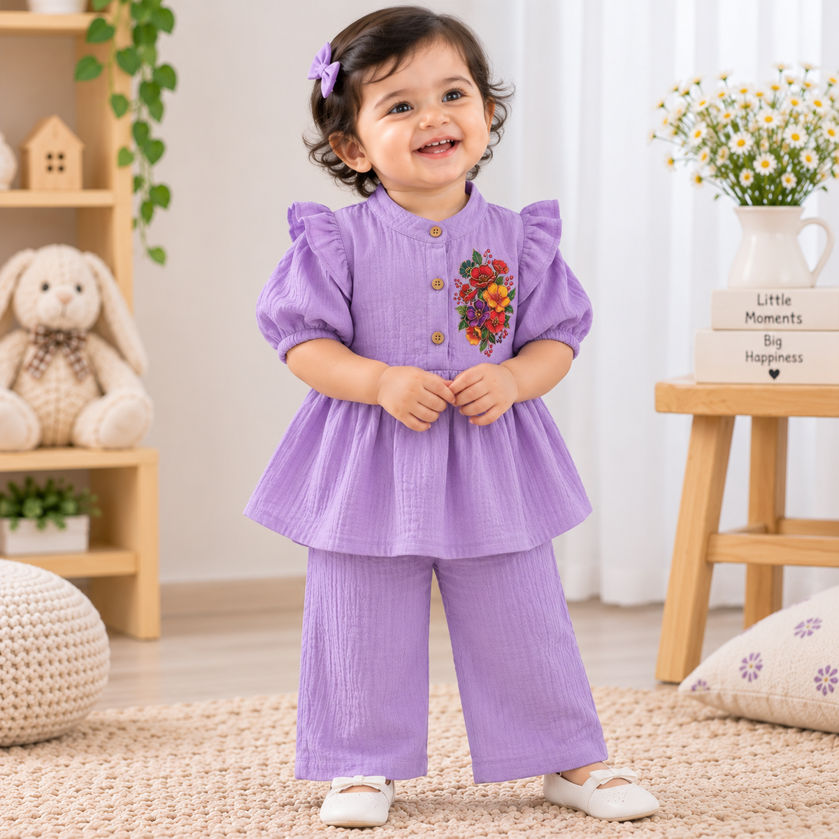 Airport - Kids Muslin Print  Balloon Sleeves Frock With Pant ( Orehid Maroon Flower)