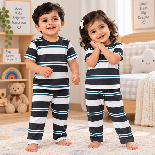 Half sleeves Tshirt with Pant (Teal Grey White Stripes)
