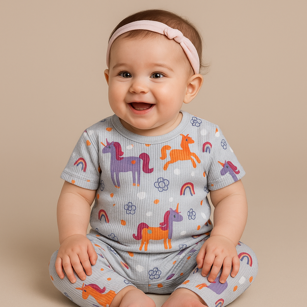 Half sleeves Ribbed Tshirt with Pant (Rainbow 🌈 Unicorns🦄)