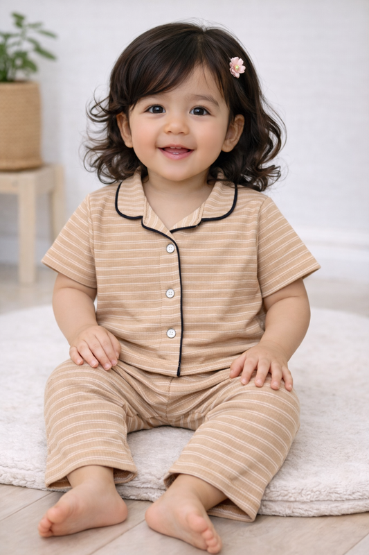 Premium Half Sleeves Collar Ribbed Tshirt with Pant (Jute Stripe)