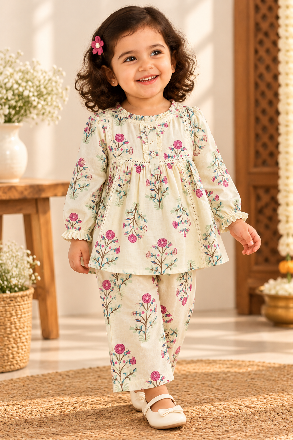 Girls Festive Cotton Printed Peter Pan Collar Co-ord Set (CR002)  (JASMINE)