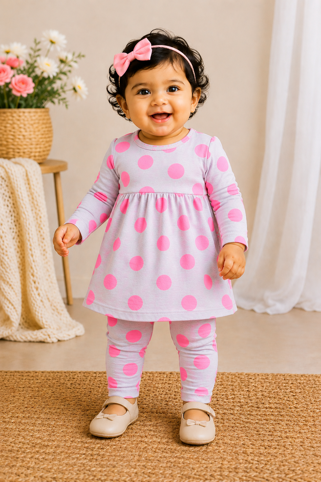 Full Sleeves Frocks Sets ( Light Grey Pink)