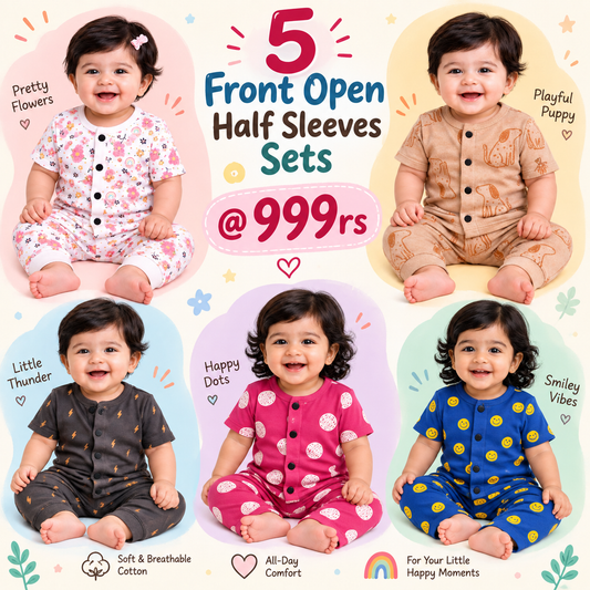 Front Open Sets Combo (Half Sleeves Sets)– Pack of 5 @ ₹999 | 0–2 Years