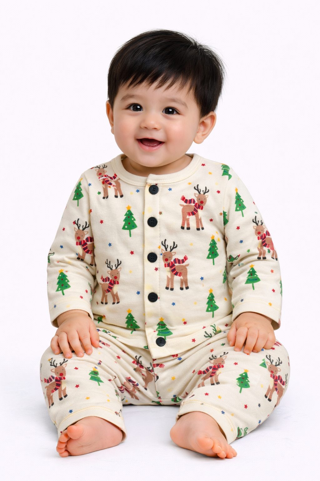 Front Open Full sleeves Cotton Tshirt with Pant (Cream Raindeer)
