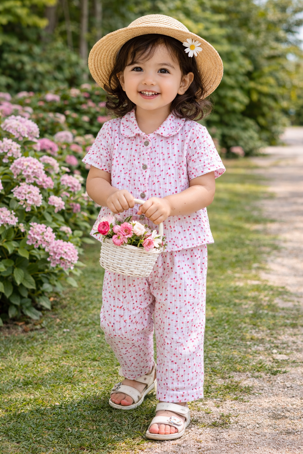 Collar front open T-shirt  & Palazzo Pant set (White and  Pink Dots)