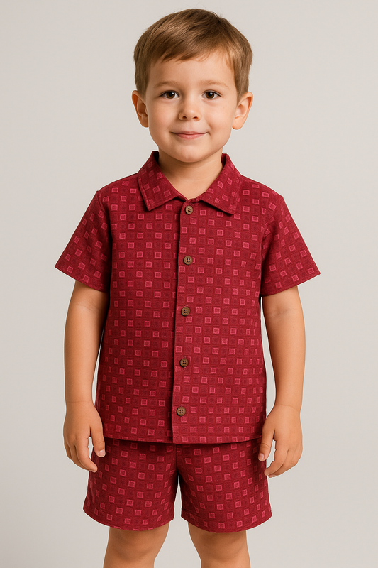 Shorts Sleeves Collared Tshirt with Shorts Sets (Reddish Shapes)