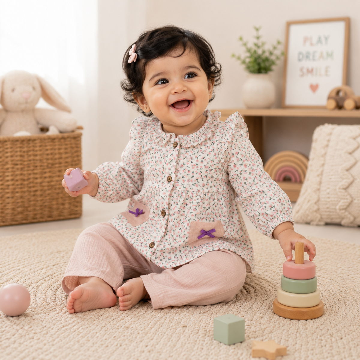 Airport - Kids Muslin  Balloon Sleeves Frock With Pant (Cream Peach  Floral)