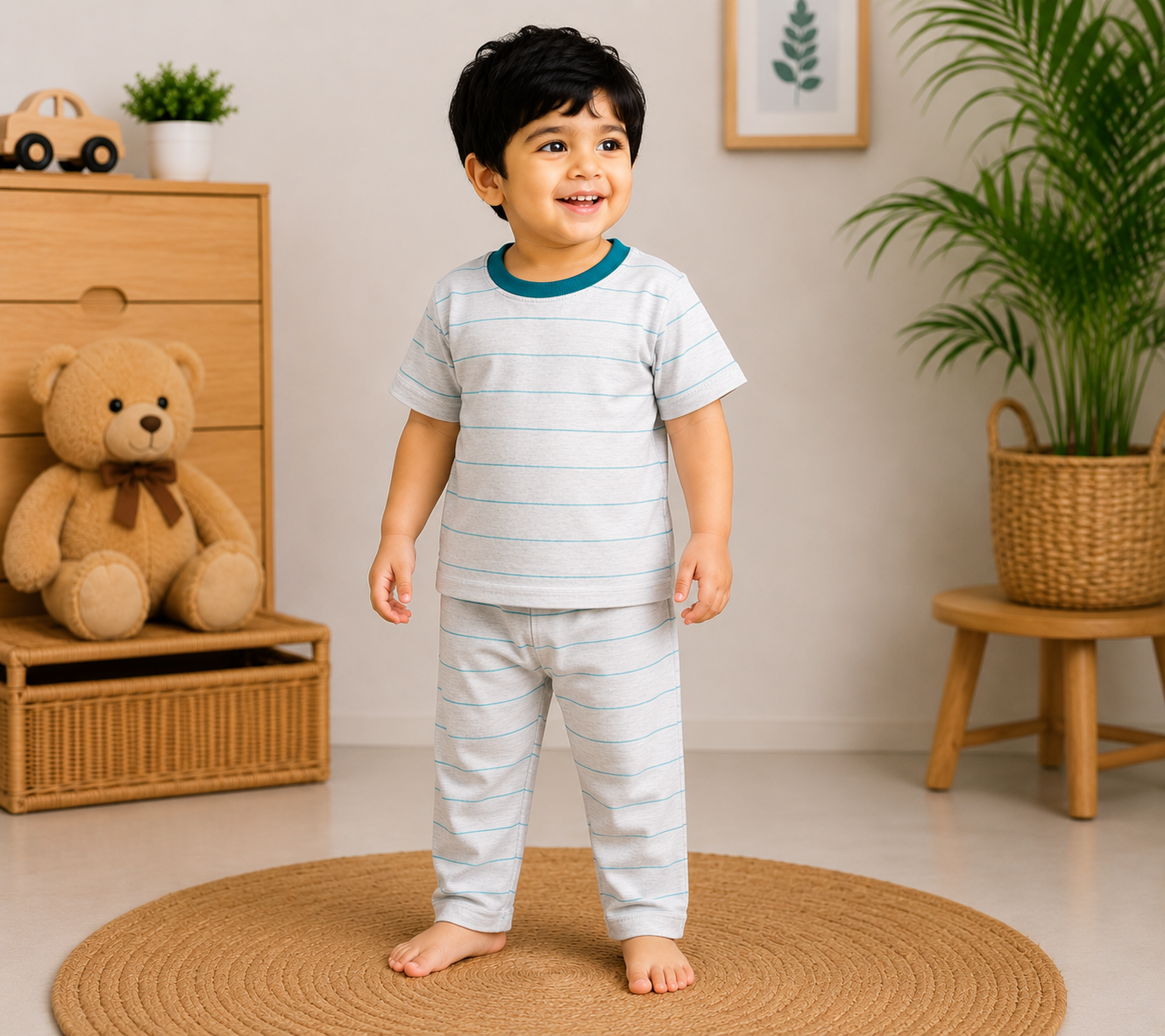 Soft Cotton Half sleeves Tshirt with Pant( Cream Green Stripes)