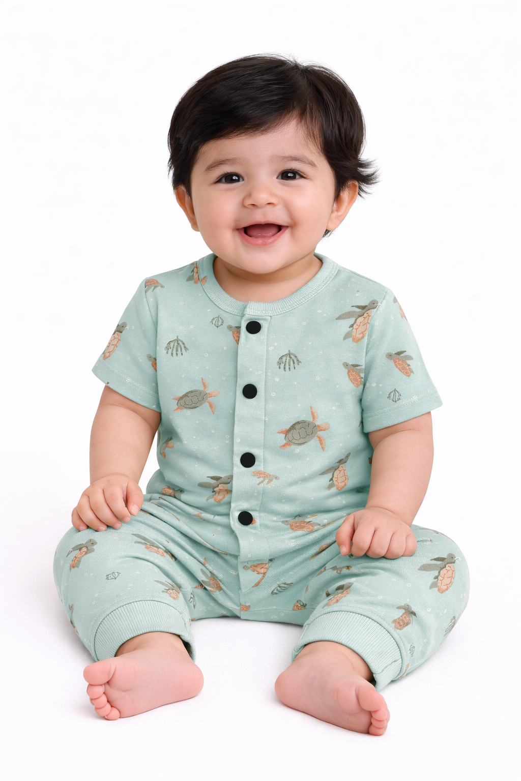 Front Open Half sleeves Cotton Tshirt with Pant (Mint Green Turtle)