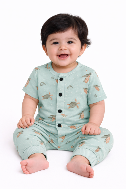 Front Open Half sleeves Cotton Tshirt with Pant (Mint Green Turtle)