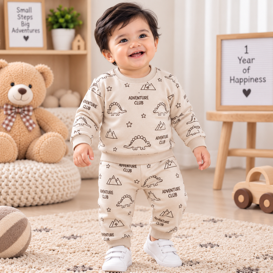 Premium Fleece Winter T-Shirt With Cuffed Pant (Cream - Adventure Club)
