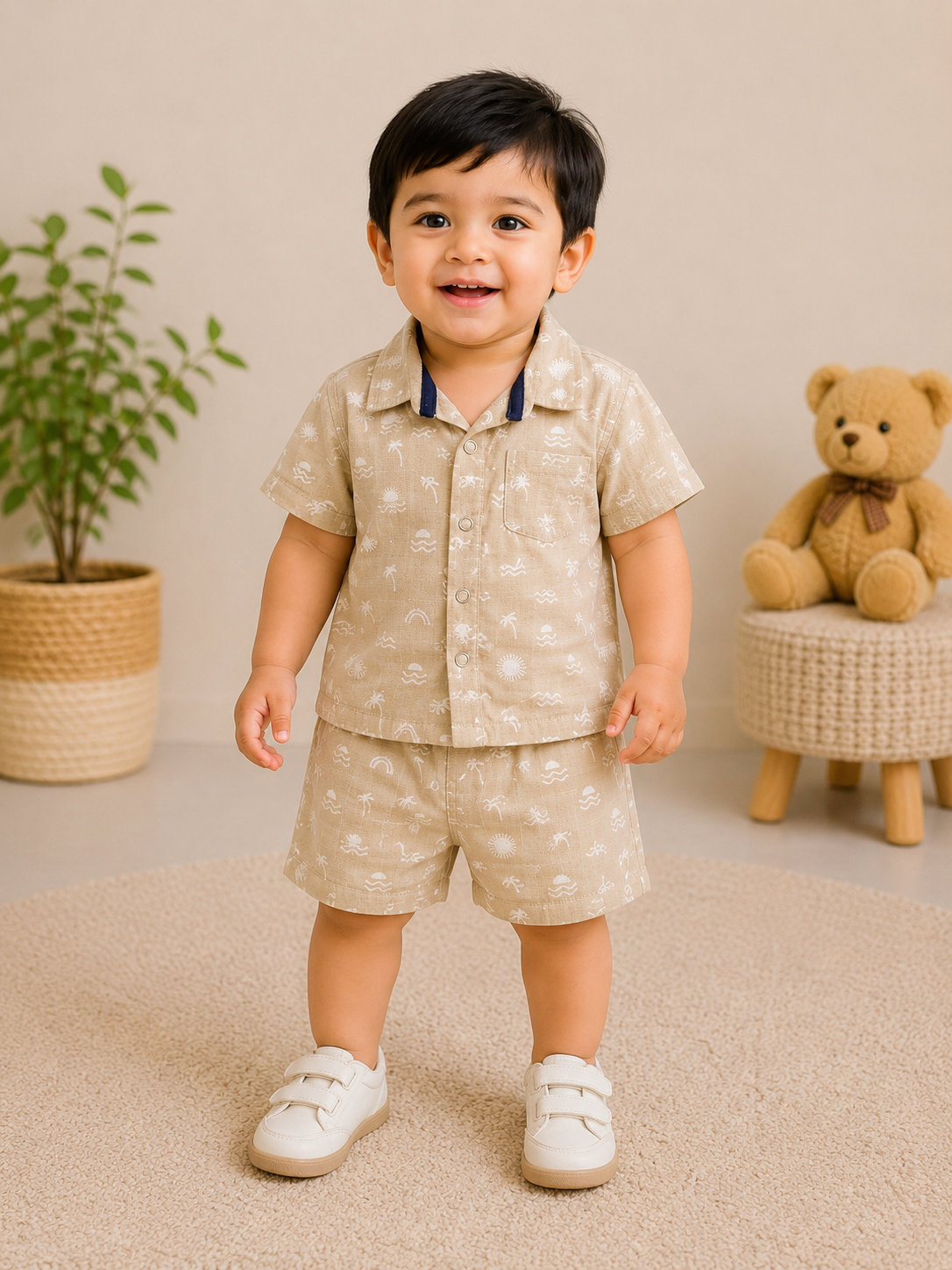 (M006) - Airport - Kids Co-ord Set – Front Open Collar Shirt & Shorts (Light Sand Trees) (Copy)