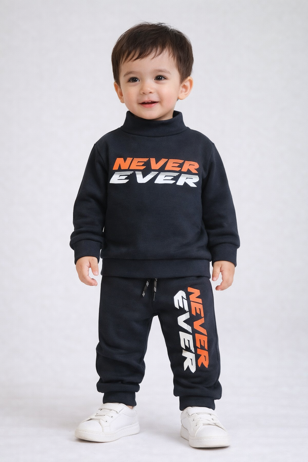 Premium Winter High Neck Pant Set For Kids(Black-Never Ever)