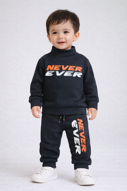 Premium Winter High Neck Pant Set For Kids(Black-Never Ever)