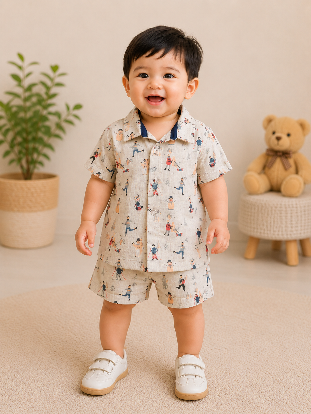 (M002) - Airport - Kids Co-ord Set – Front Open Collar Shirt & Shorts (Sand Toys)