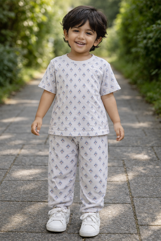 Half sleeves Tshirt with Pant (White Sky Blue VVV)