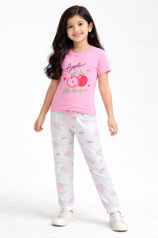 Premium Cotton Contrast Half Sleeves Pajama Set (Pink Apple- Sweet Summer)