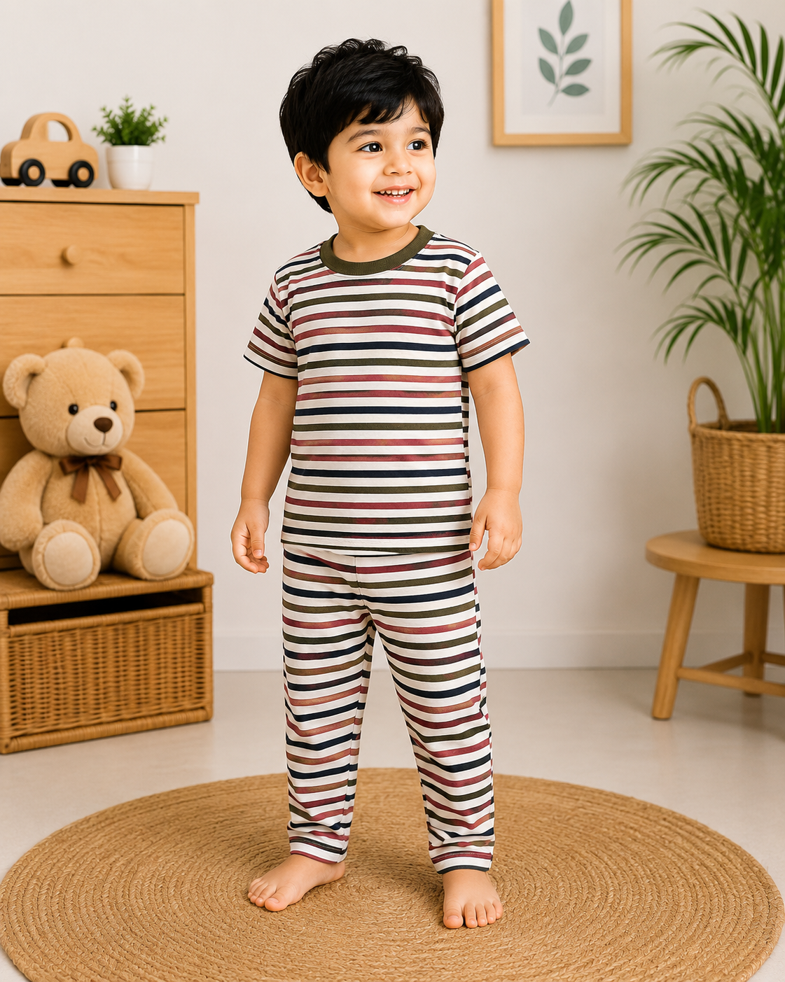 Soft Cotton Half sleeves Tshirt with Pant( Army Corn Stripes)
