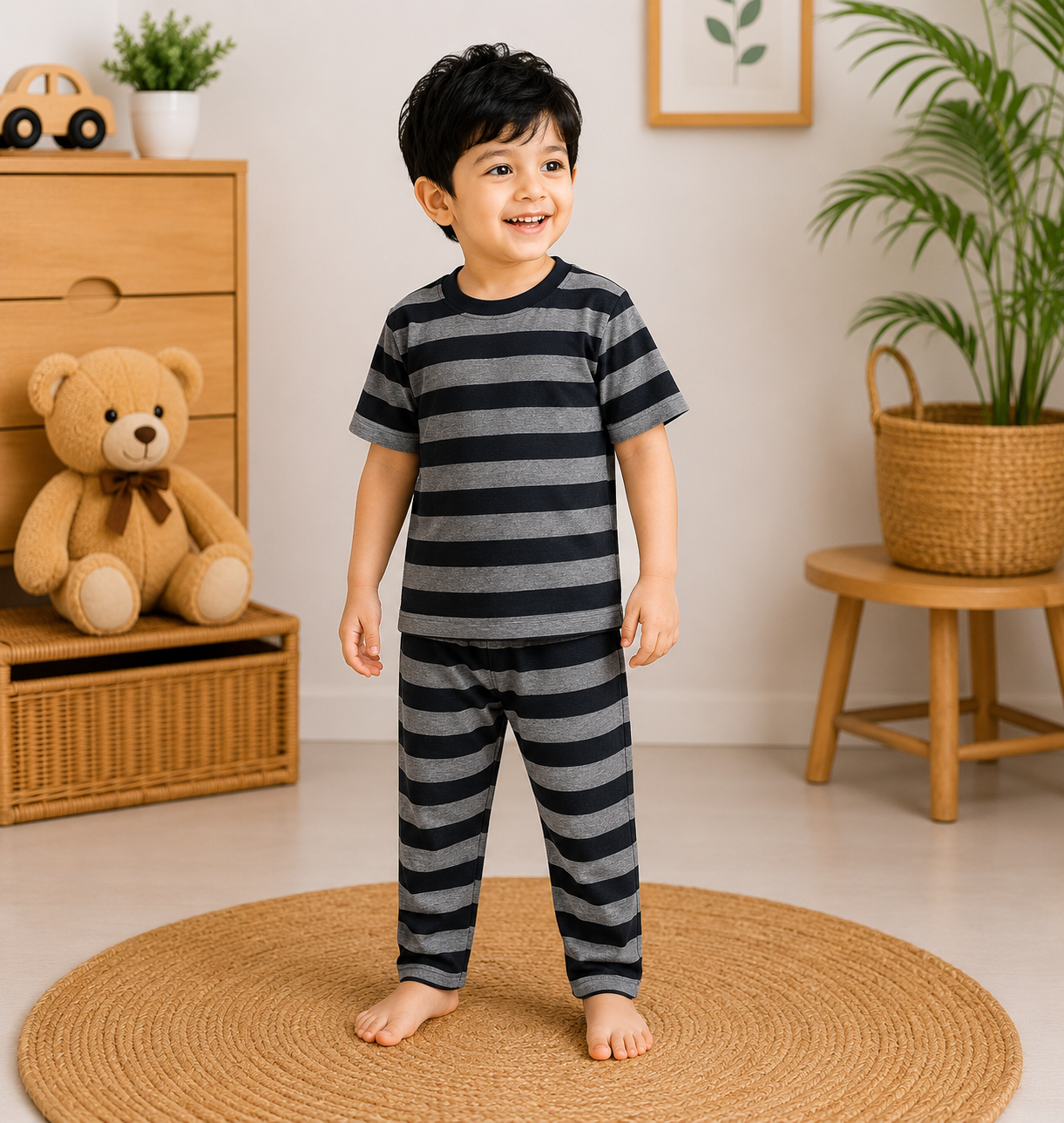 Soft Cotton Half sleeves Tshirt with Pant( Black Grey Stripes)