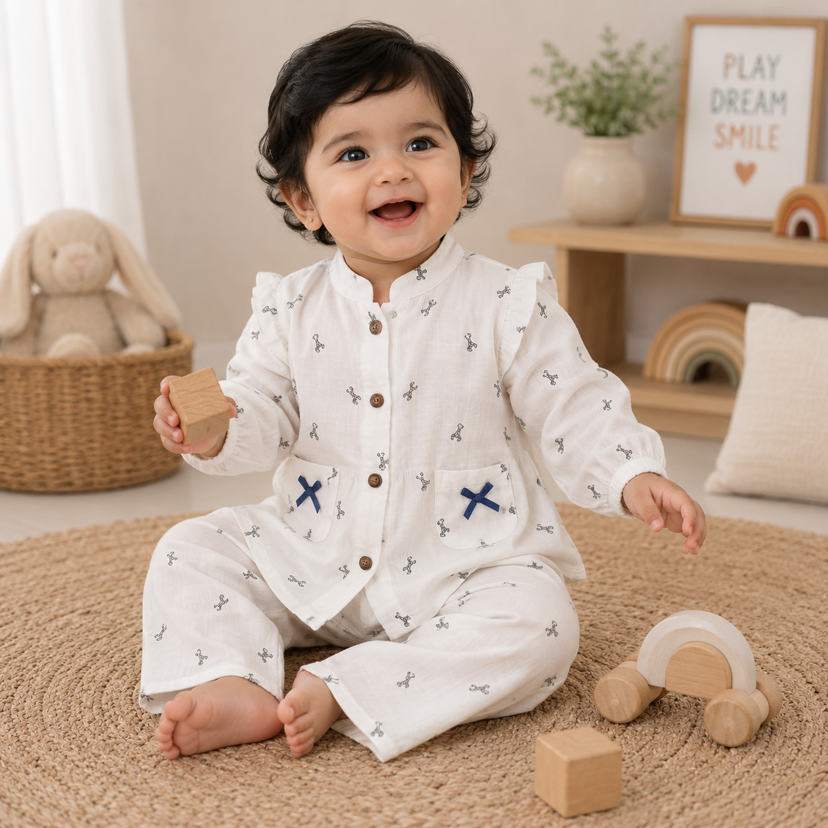 Airport - Kids Muslin  Balloon Sleeves Frock With Pant ( White Small Deer)