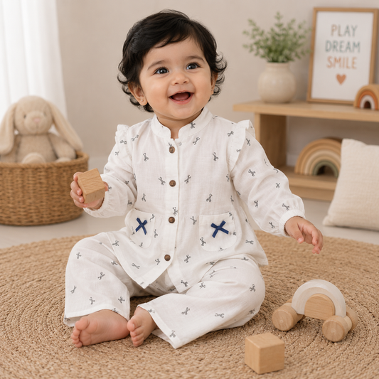 Airport - Kids Muslin  Balloon Sleeves Frock With Pant ( White Small Deer)