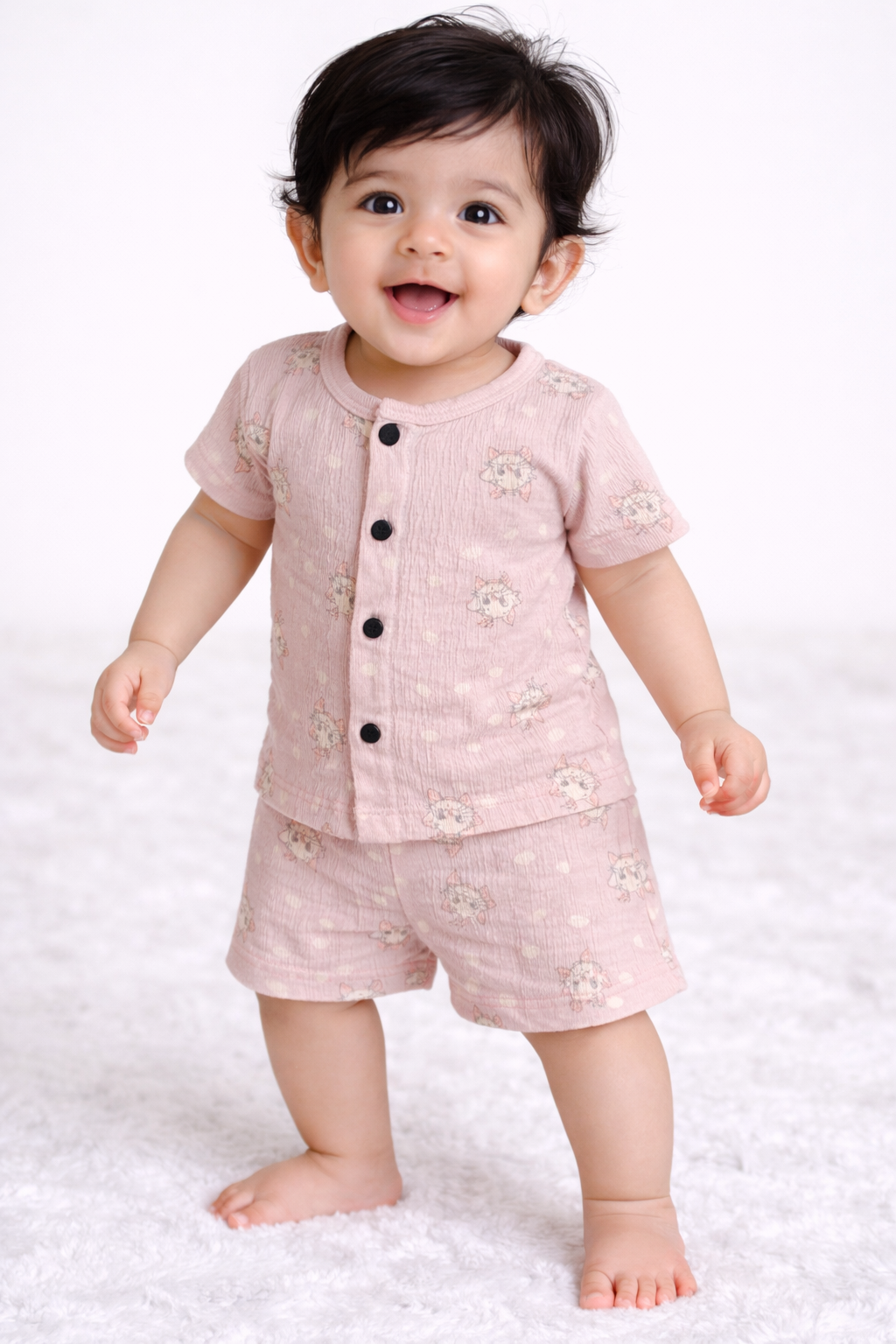 Airport - Crinkled  Front open Tshirt with Shorts Sets (Peach meow)