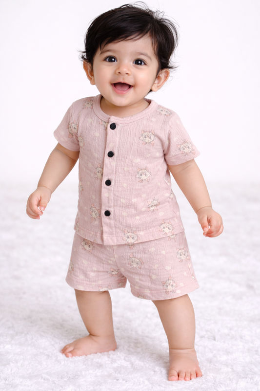 Airport - Crinkled  Front open Tshirt with Shorts Sets (Peach meow)
