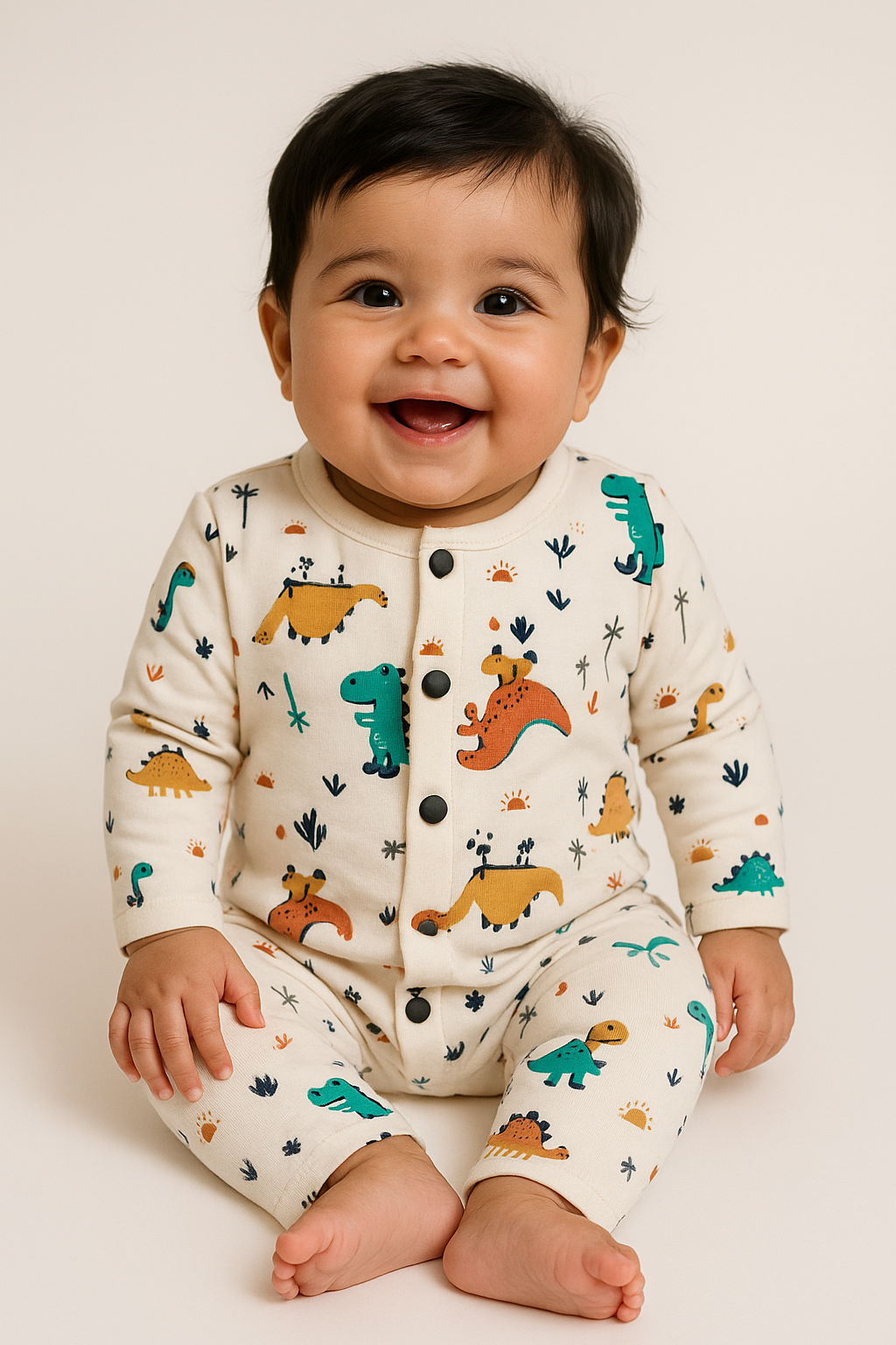 Front Open Full sleeves Cotton Tshirt with Pant (Cute Cream Dinos)