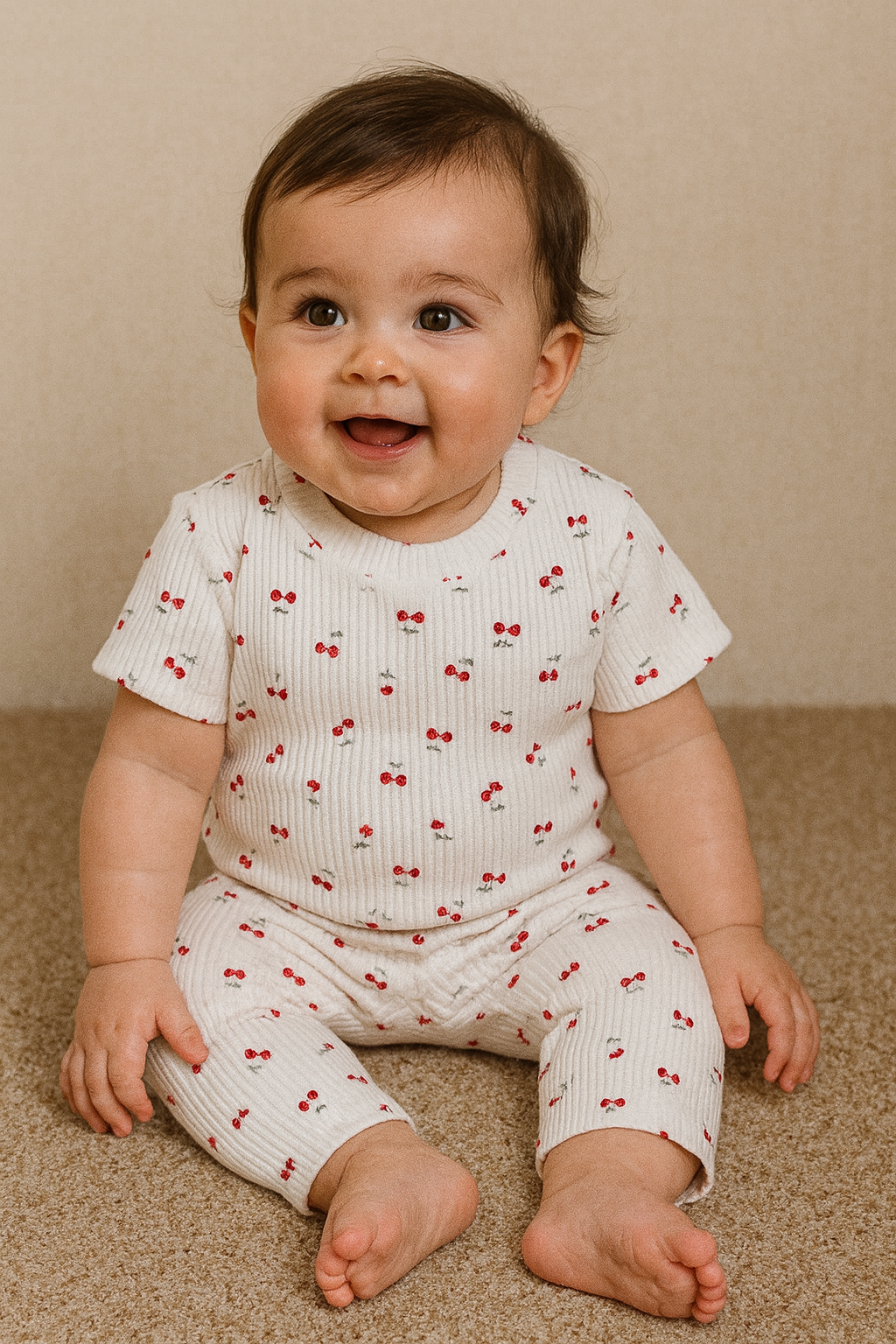 Half sleeves Ribbed Tshirt with Pant (Cream Cherry🍒)