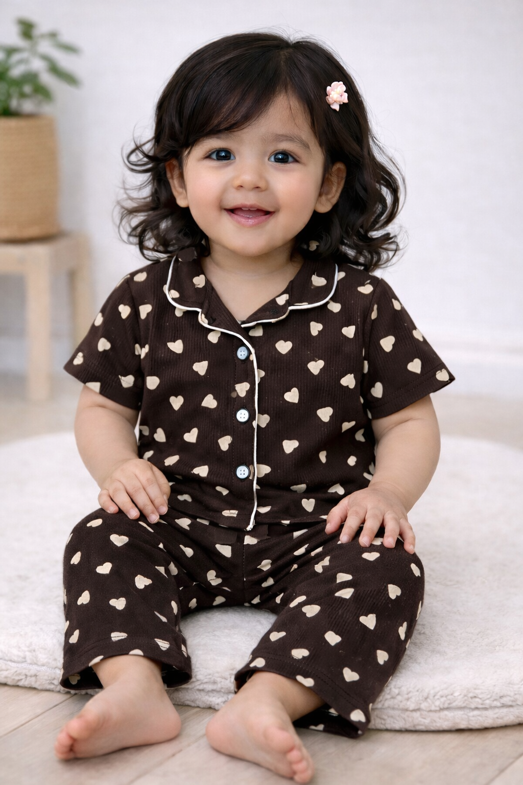 Premium Half Sleeves Collar Ribbed Tshirt with Pant (Coffee Heartin)